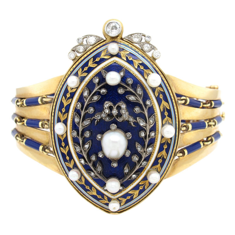 A Victorian yellow gold, silver, diamond, natural pearls and blue enamel bracelet
