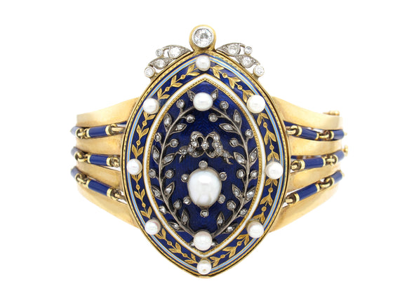 A Victorian yellow gold, silver, diamond, natural pearls and blue enamel bracelet