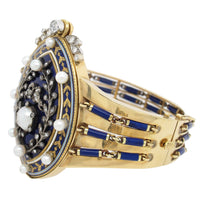 A Victorian yellow gold, silver, diamond, natural pearls and blue enamel bracelet