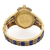 A Victorian yellow gold, silver, diamond, natural pearls and blue enamel bracelet