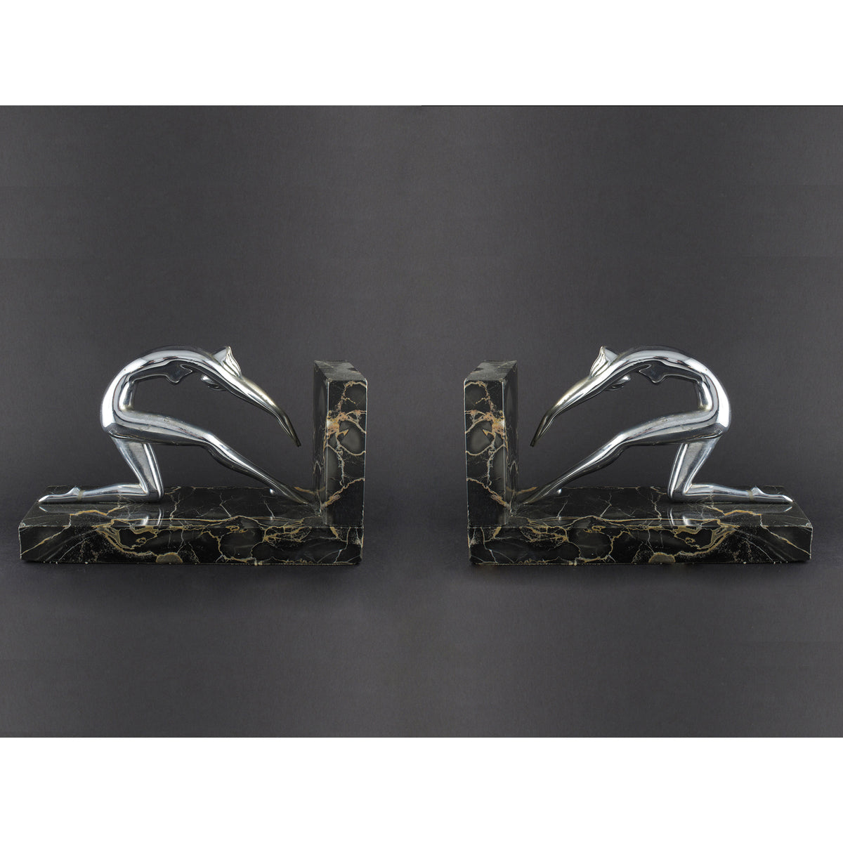 Art Déco silver and marble woman diving bookends