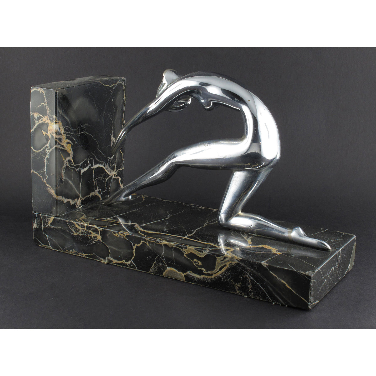 Art Déco silver and marble woman diving bookends
