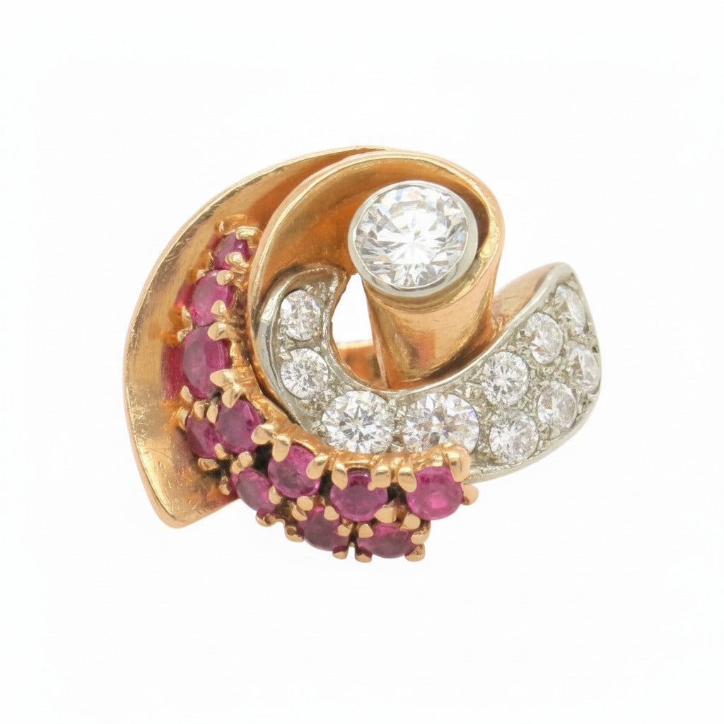 A yellow gold, diamond and ruby ring.