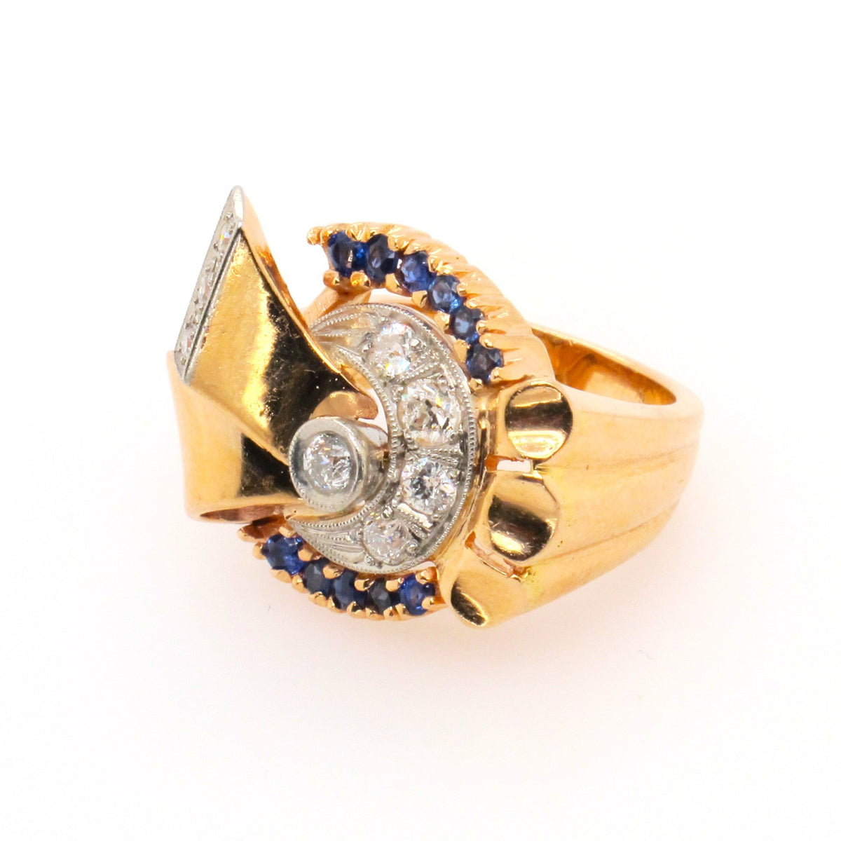 A yellow gold, diamond and sapphire bow ring