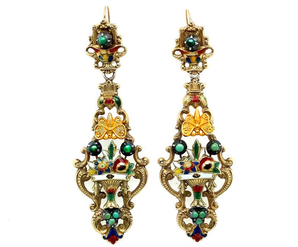Antique gold enamelled earrings with butterflies. 1880
