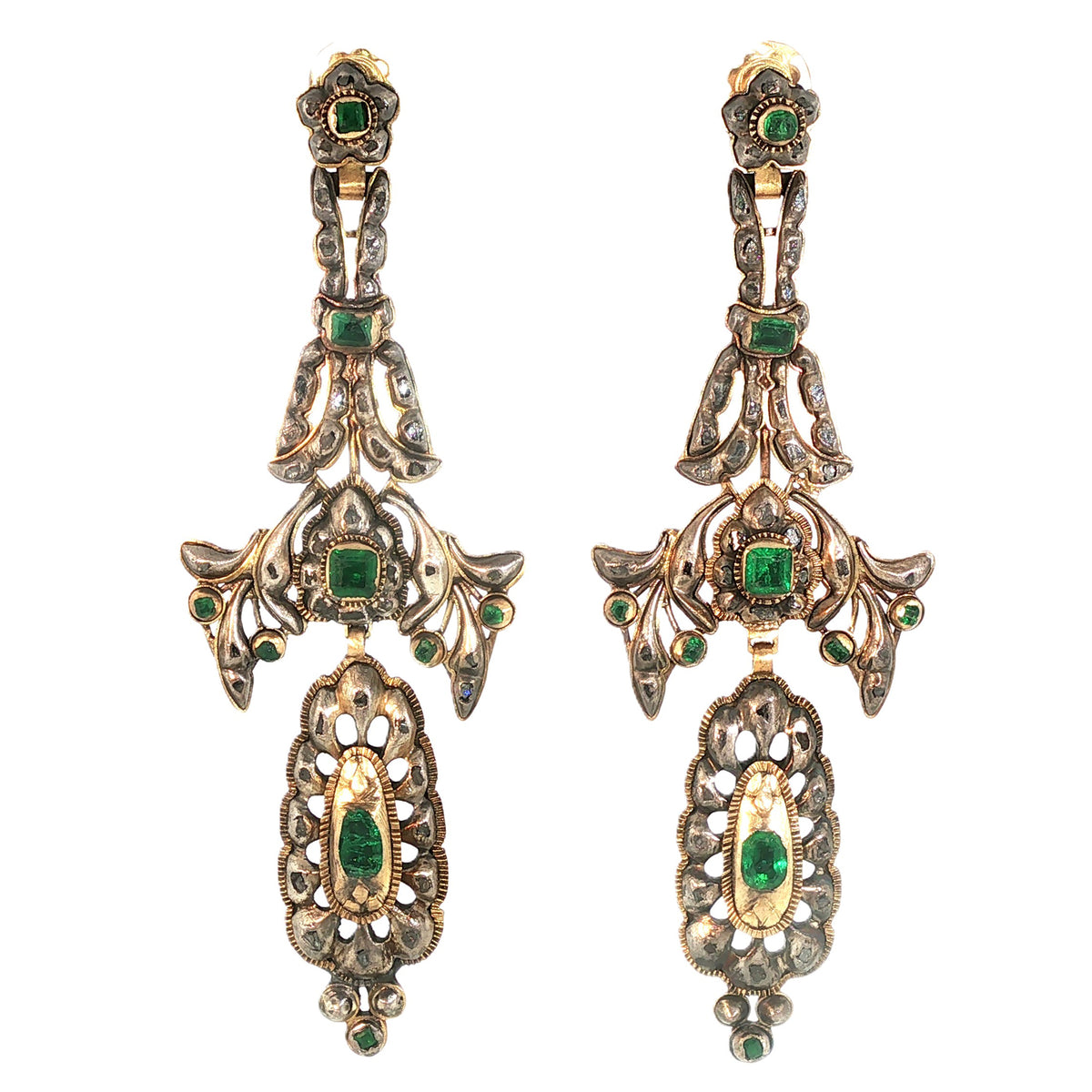Antique gold, silver and emerald earrings. Spain 1800 c.a.