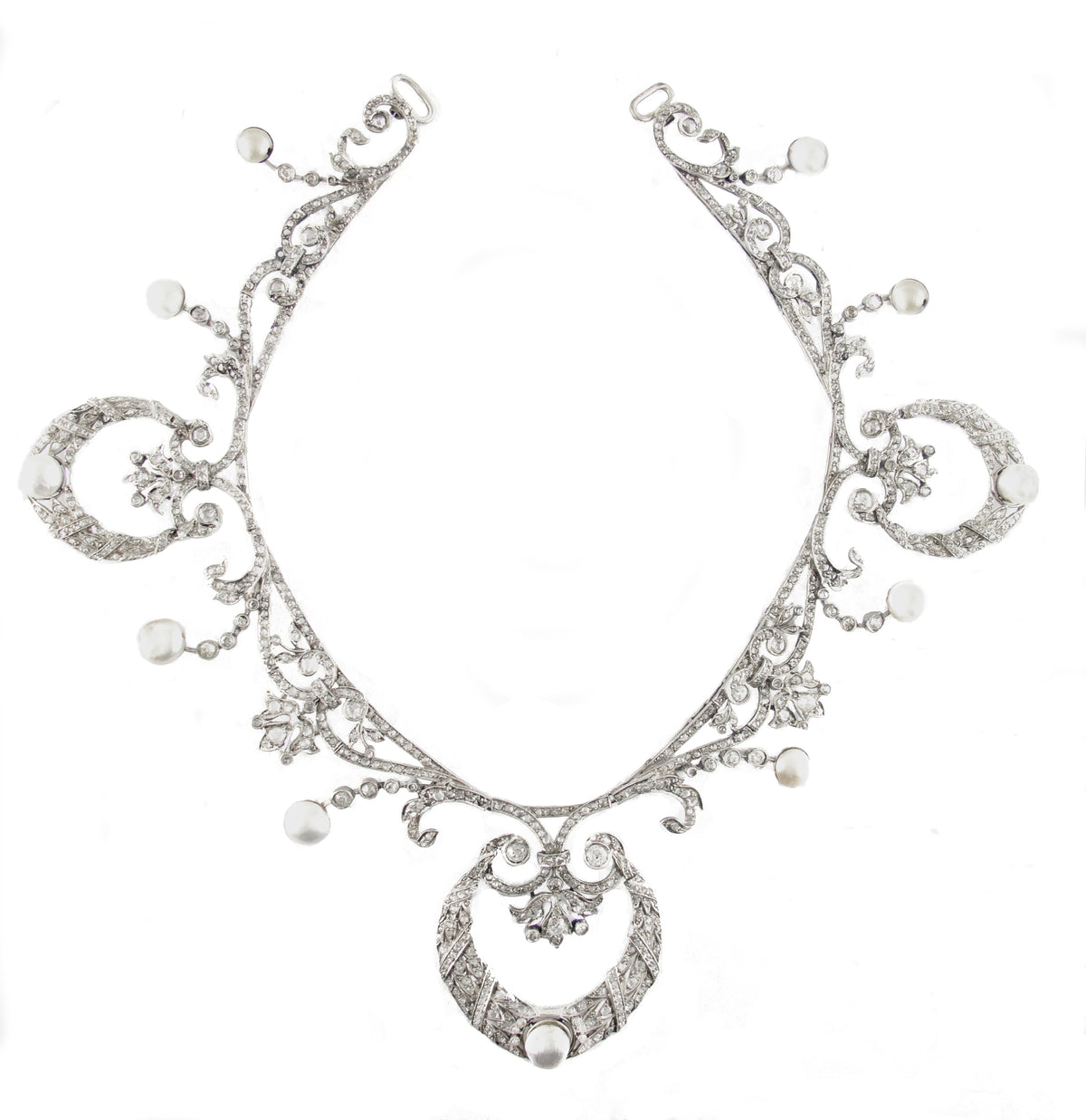 Importante collana-tiara di diamanti e perle, 1915 ca. Edoardiano