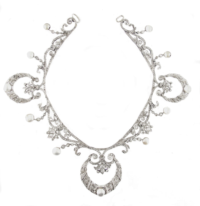Importante collana-tiara di diamanti e perle, 1915 ca. Edoardiano