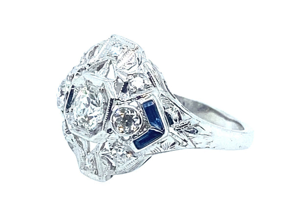 Art Deco white gold and platinum diamond and sapphire engagement ring, 1925