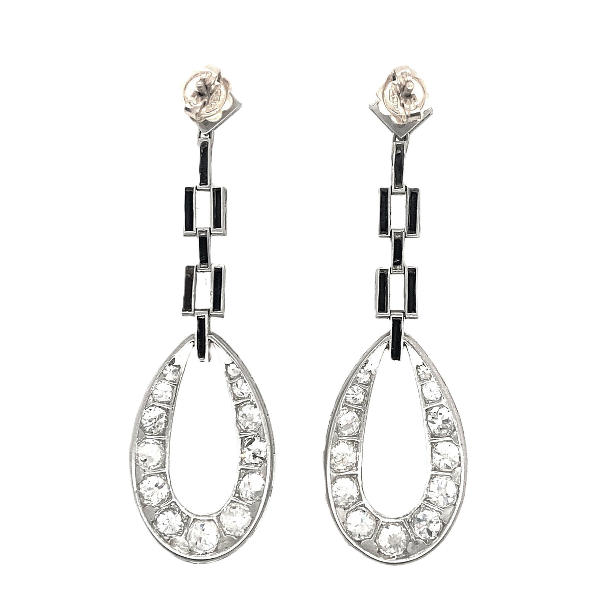 Delicate Art Déco platinum diamond and onyx earrings, 1925