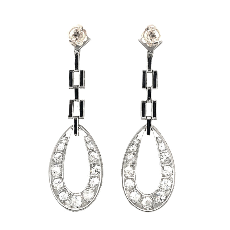 Delicate Art Déco platinum diamond and onyx earrings, 1925