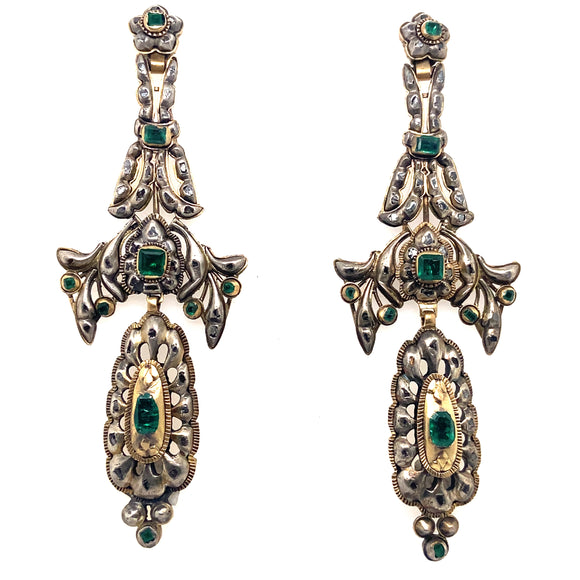 An antique XIX Century yellow gold, silver, rose-cut diamond and emerald earrings,