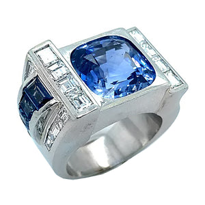 Important Art Déco platinum diamond and sapphire chevalier ring