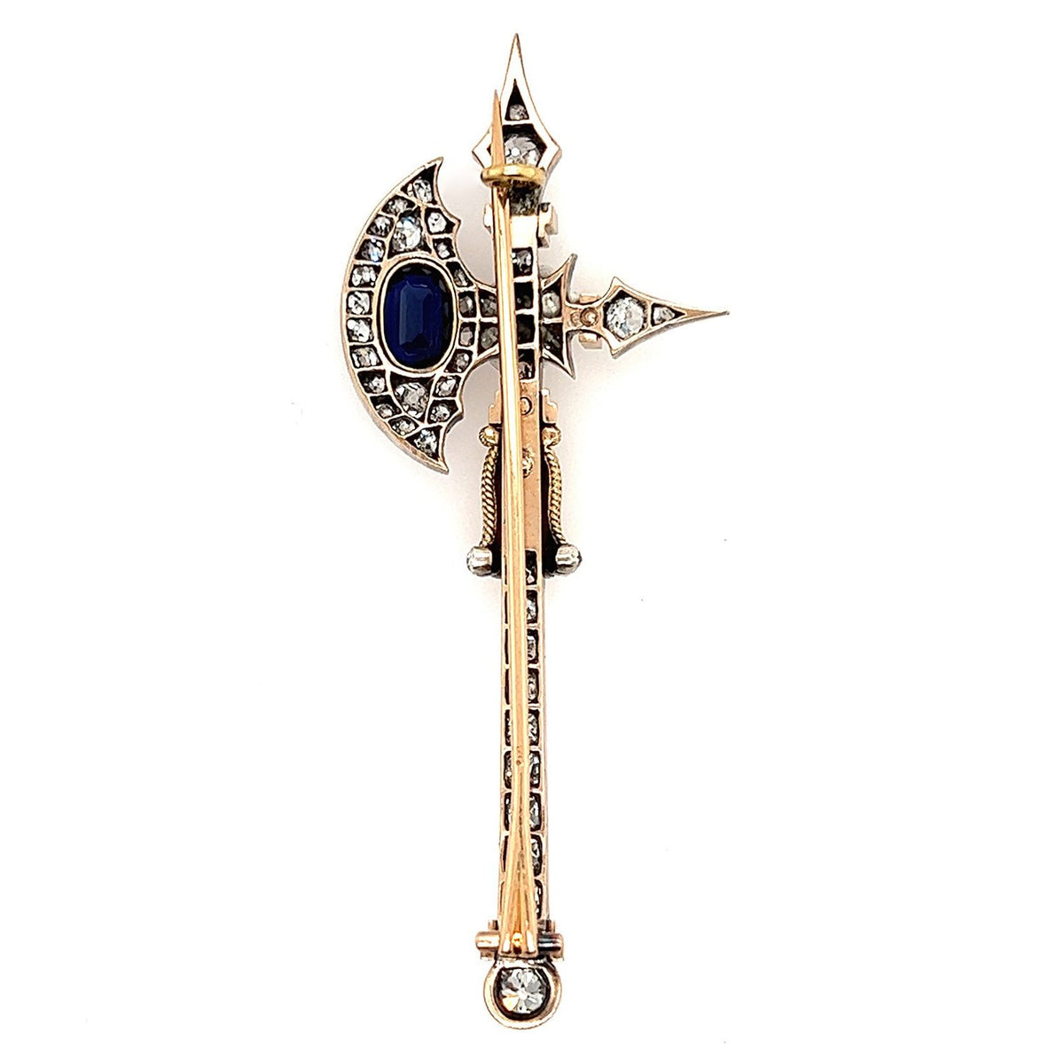 A 1940 yellow gold, silver, diamond and sapphire halberd brooch