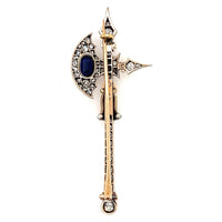 A 1940 yellow gold, silver, diamond and sapphire halberd brooch