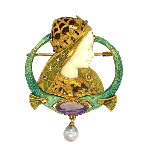 A very rare Art Nouveau gold, opal, diamond and plique à jour enamel pendant with a natural pearl.