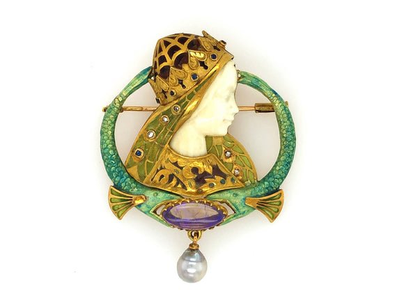 A very rare Art Nouveau gold, opal, diamond and plique à jour enamel pendant with a natural pearl.