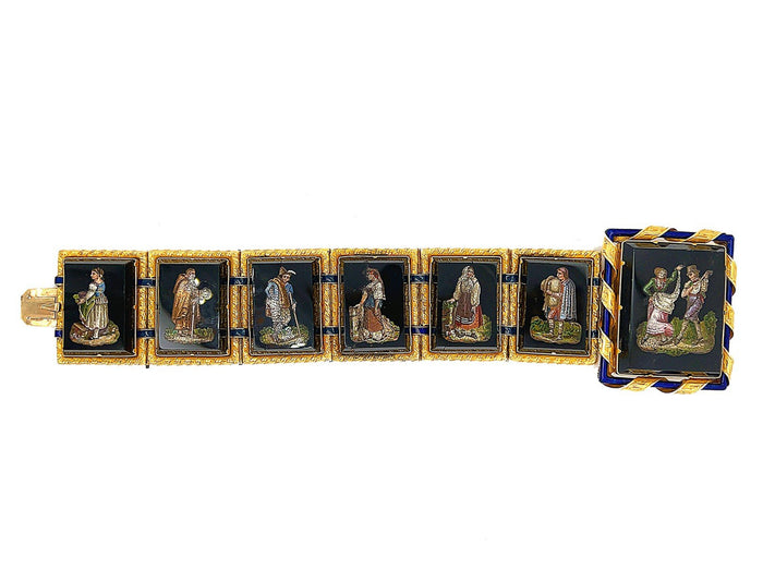 A XIX Cebtury Victorian yellow gold, blue enamel and micromosaic bracelet