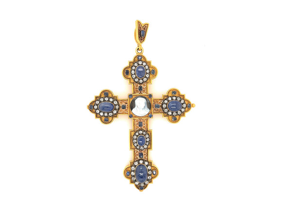 A XIX Century yellow gold, silver, diamond, sapphire and cameo pendant cross