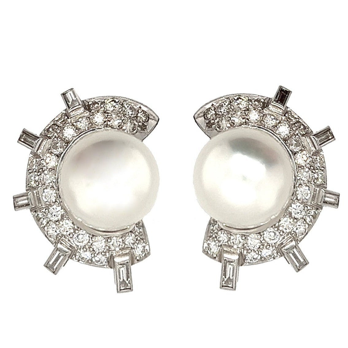 Art Déco platinum, diamond and pearl clips earrings Gioielleria Pennisi