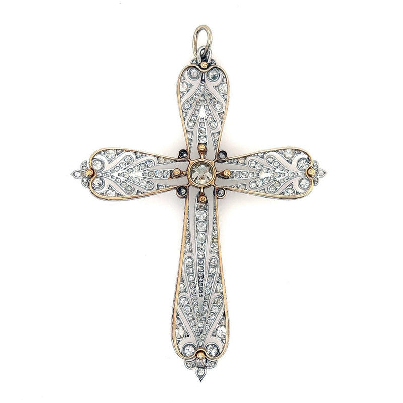 Important Art Déco platinum topped, Yellow gold and old-cut diamond cross-pendant.