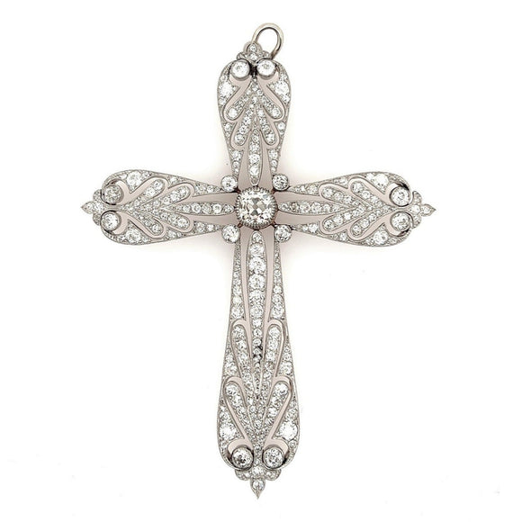 Important Art Déco platinum topped, Yellow gold and old-cut diamond cross-pendant.