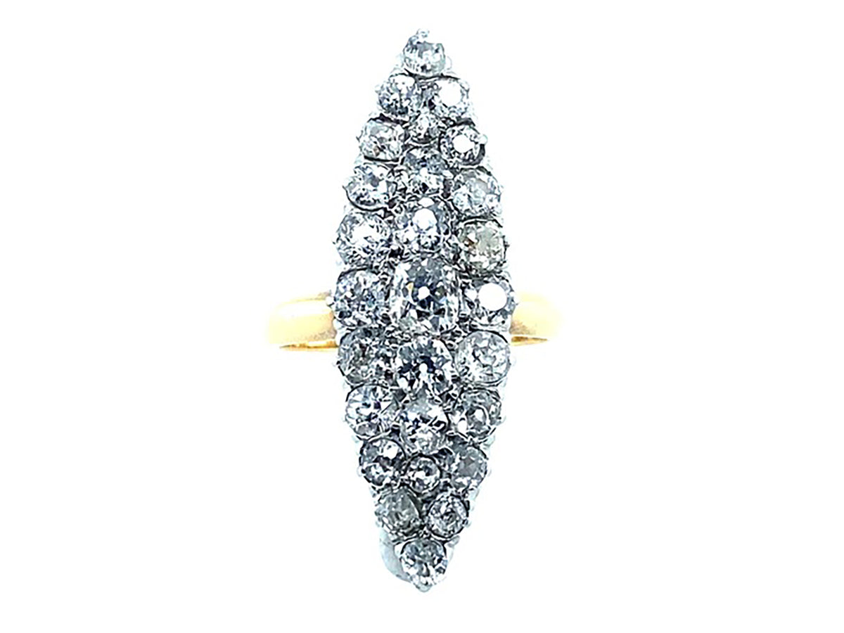 Edwardian gold and platinum marquise ring with old mine diamonds