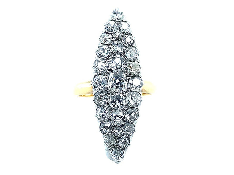 Edwardian gold and platinum marquise ring with old mine diamonds