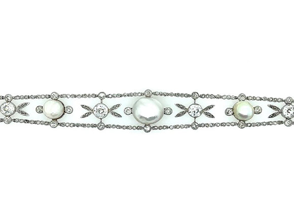 Garland Style Edwardian platinum diamond and natural pearl bracelet, 1910.