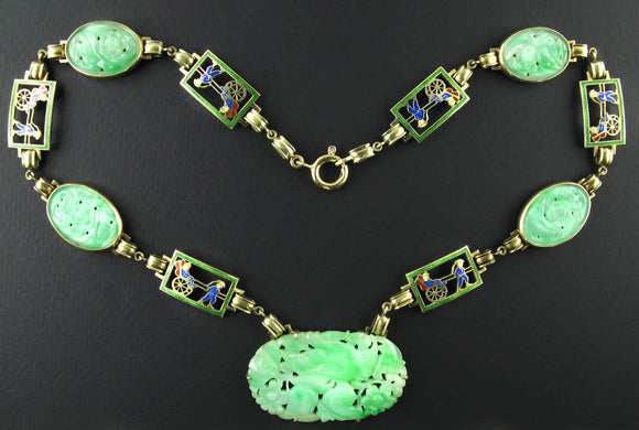 An Art Déco Yellow gold necklace, enamel and Jade