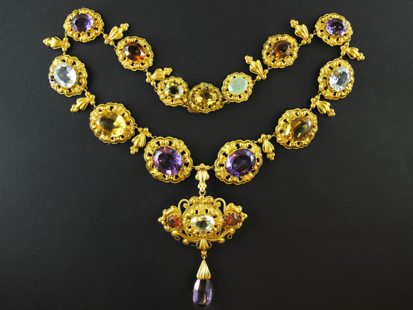 Georgian gold amethyst, citrine, aquamarine and chrysophrase necklace, 1820.