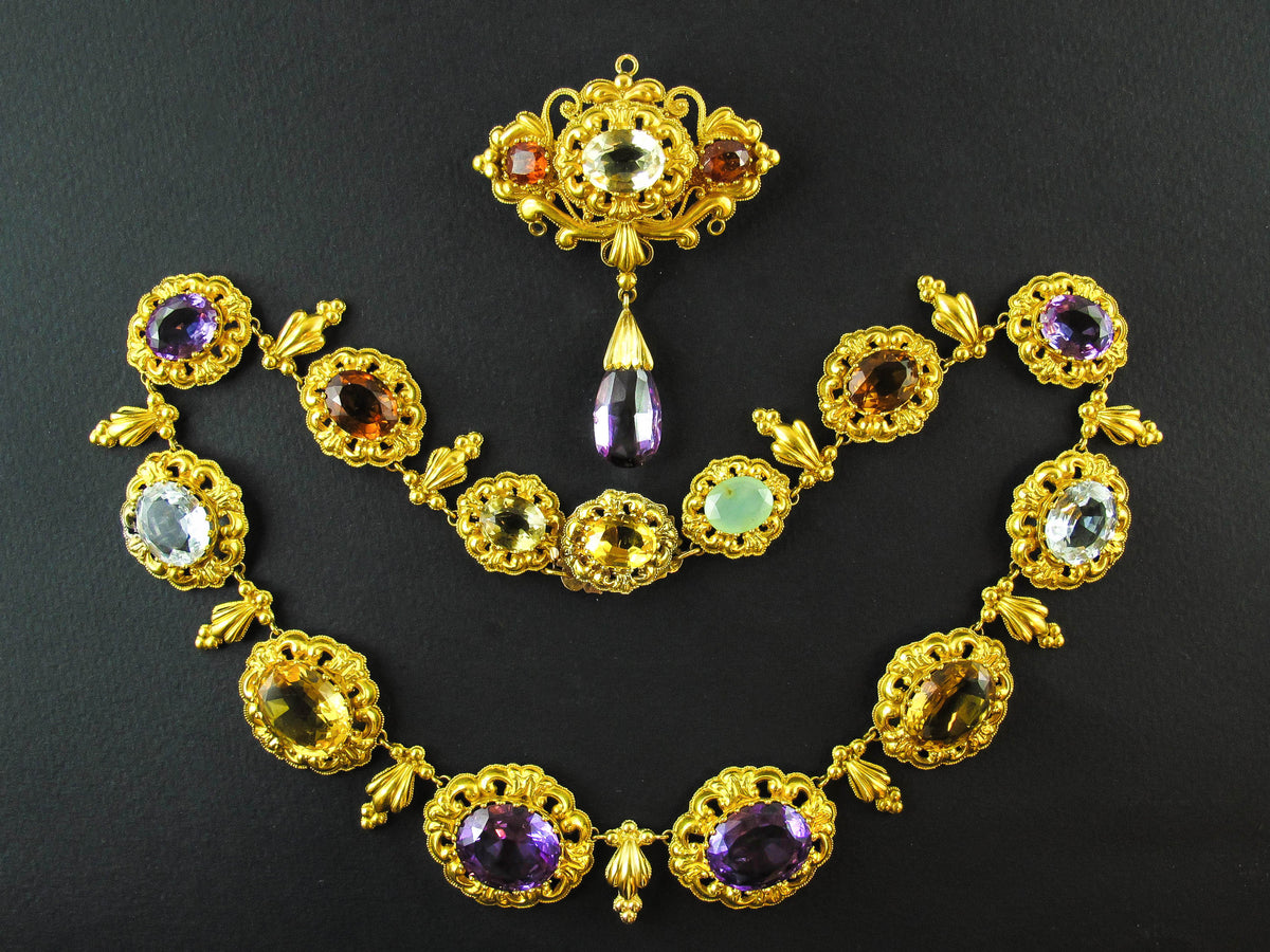 Georgian gold amethyst, citrine, aquamarine and chrysophrase necklace, 1820.