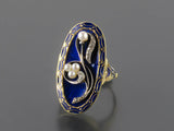 A XIX Century Victorian blue enameled gold, diamond and pearl ring.