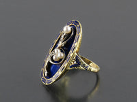 A XIX Century Victorian blue enameled gold, diamond and pearl ring.