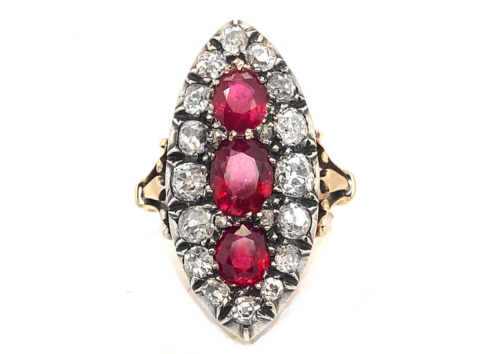 Victorian gold diamond and burma ruby marquise ring, 1880 c.a.