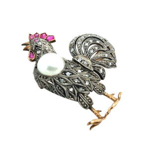 Antique gold, diamond and pearl rooster brooch