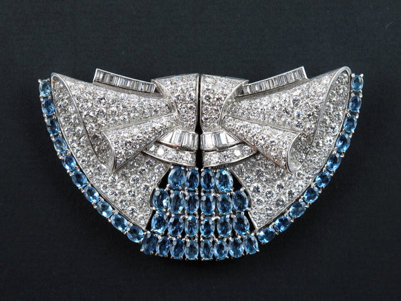 Art Déco platinum diamond and aquamarine double clip brooch. 1930