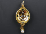 A very rare Holbeinesque pendant in yellow gold with “champlevé” enamel diamonds, emeralds and natural pearls. England, 1860 c.a.