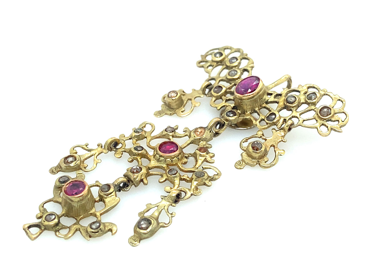 Antique gold, ruby and rose-cut diamond girandole earrings and pendant