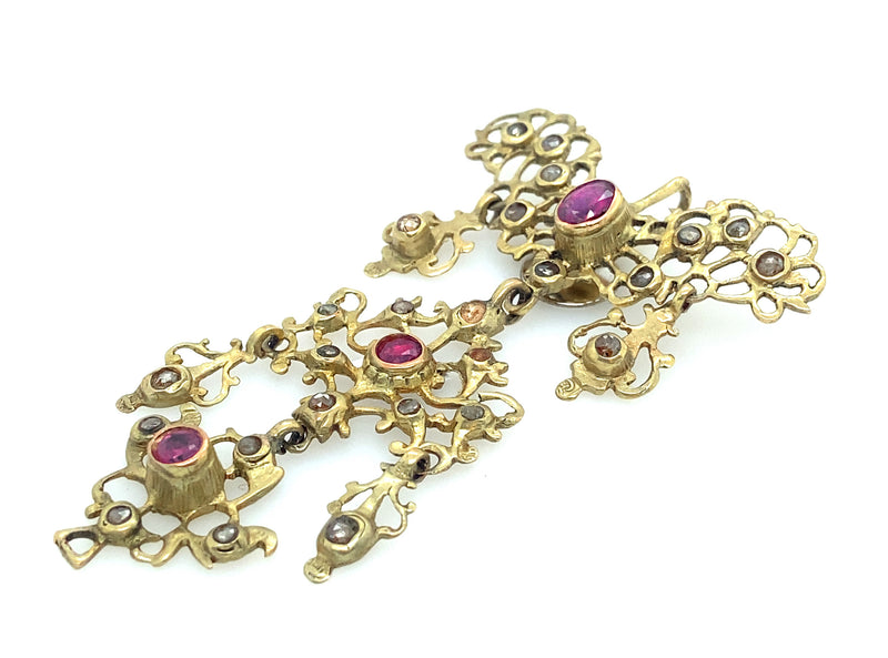 Antique gold, ruby and rose-cut diamond girandole earrings and pendant