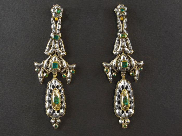 An antique XIX Century yellow gold, silver, rose-cut diamond and emerald earrings,