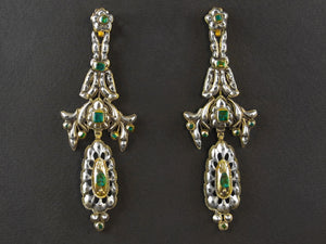 An antique XIX Century yellow gold, silver, rose-cut diamond and emerald earrings,