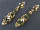 A pair of Victorian gold enameled earrings with natural pearls and rubies. England, 1850 c.a. In original fitted box
