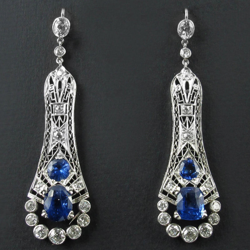 Art Déco platinum diamond and sapphire earrings