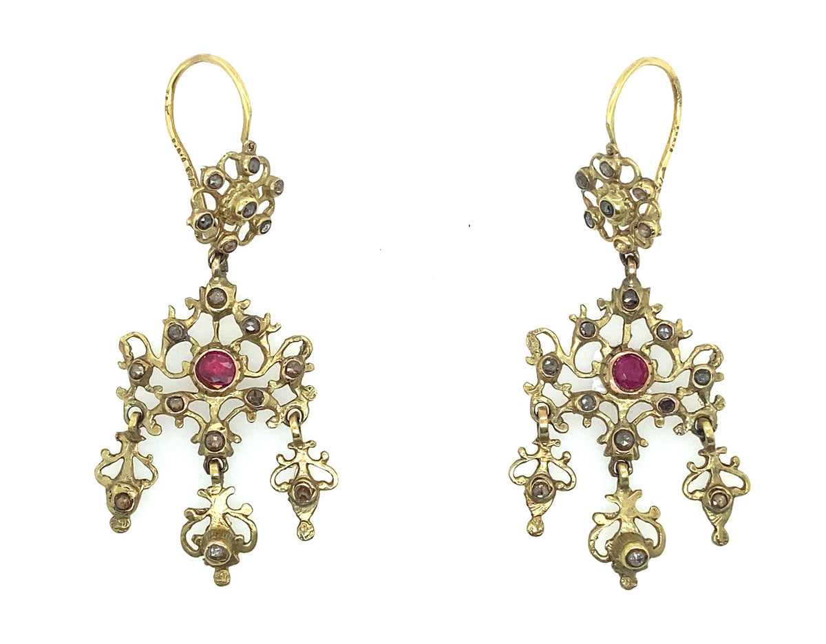 Antique gold, ruby and rose-cut diamond girandole earrings and pendant