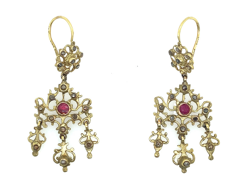 Antique gold, ruby and rose-cut diamond girandole earrings and pendant