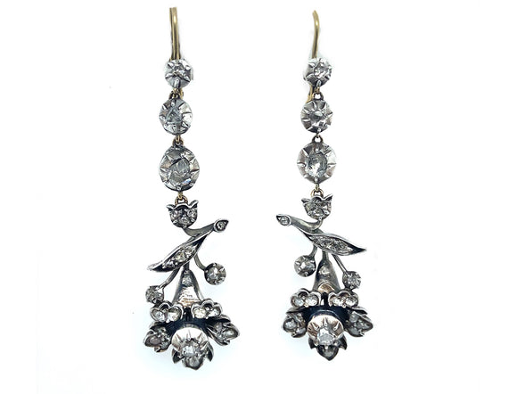 Georgian gold, silver and rose-cut diamond flower earrings. late 18th century