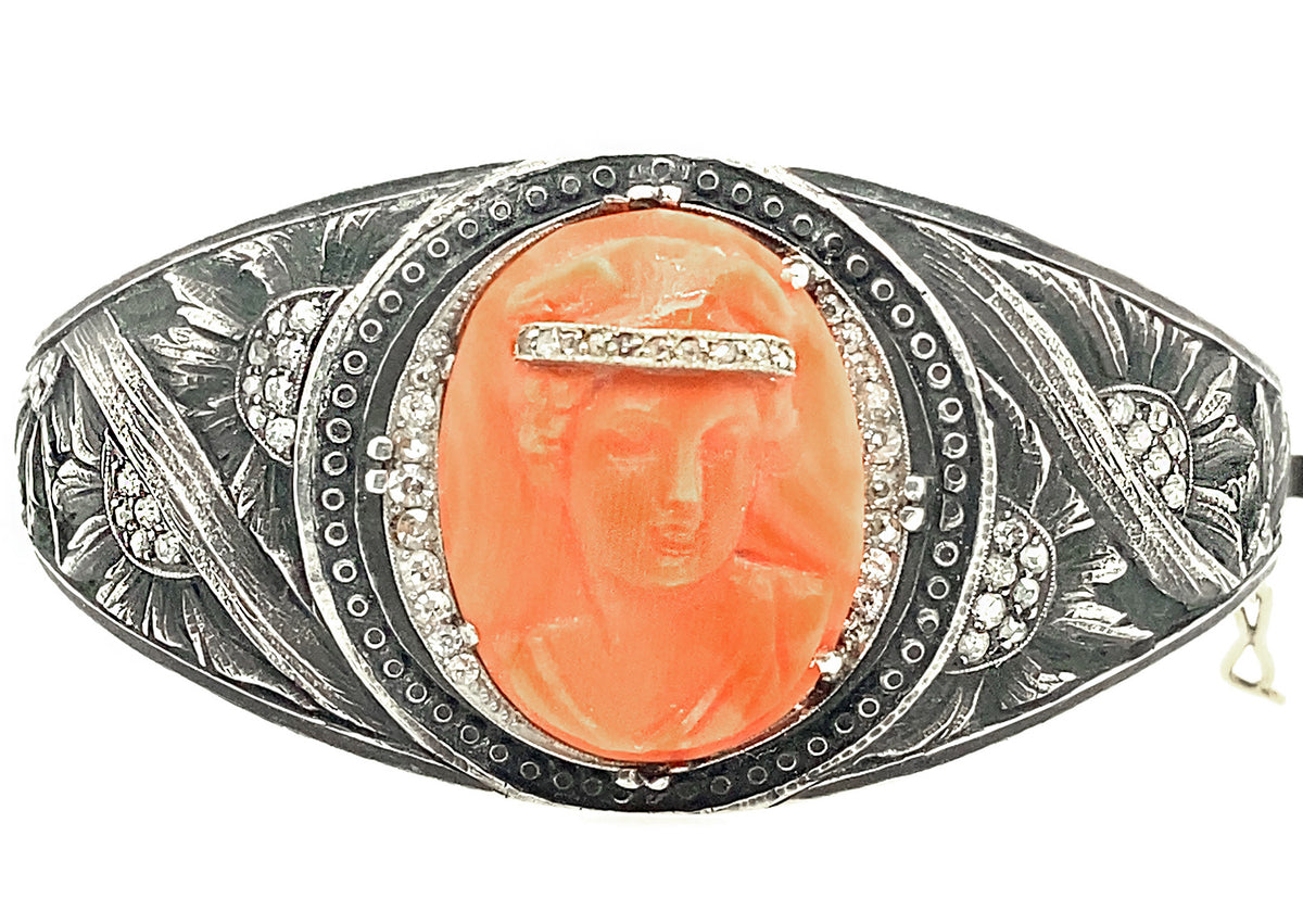 Unique Victorian cameo, diamond, gold and iron bangle bracelet