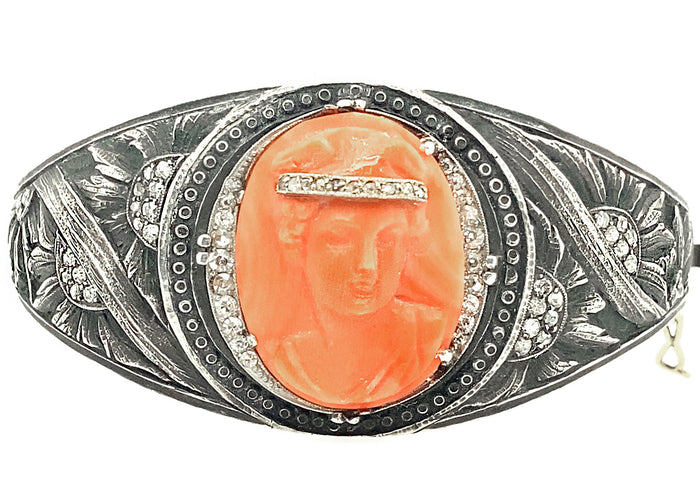 Unique Victorian cameo, diamond, gold and iron bangle bracelet