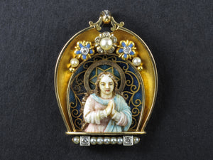 An Art Déco platinum, yellow gold, diamonds, plique a jour enamel, natural pearls and ivory Virgin Mary pendant.
